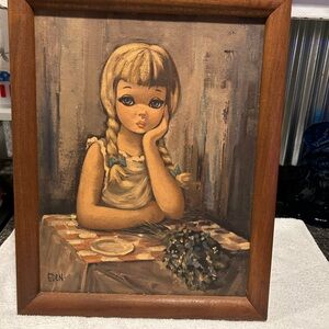Vintage Framed Art with Blonde Girl.Eden Big Eyes Print